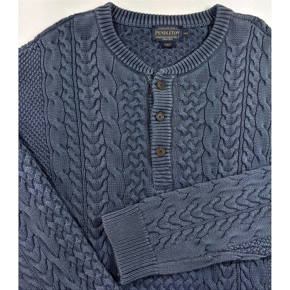 Pendleton Henley Sweater Mens XXL Blue Cable Knit Cotton RF718-74075 Pullover